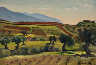 Attic Landscape — Oil painting, Fiberboard, 36.00×51.00cm — Theodoros Markellos